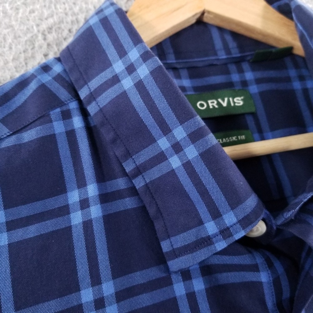 Orvis Shirt Mens XL Blue Wrinkle Free Classic Fit Plaid Stretch Outdoor Dress